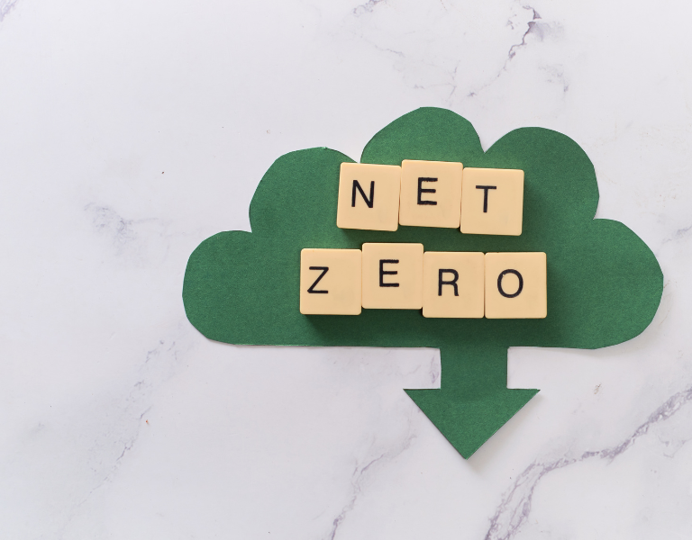 A stock image showing a green cloud with 'Net Zero' written on it.