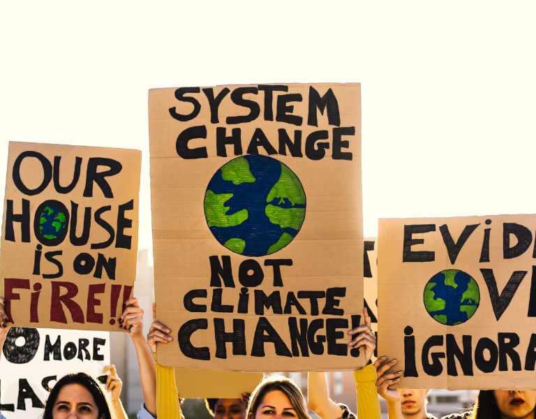 A stock image of protesters, with a sign saying 'System Change, not Climate Change'