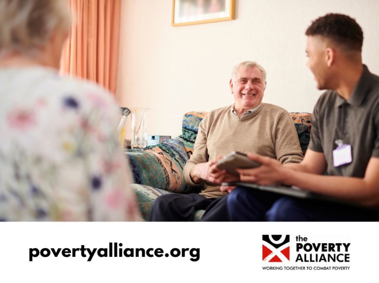 A stock image showing a young man talking to two older people in their living room, to represent social care and public services.