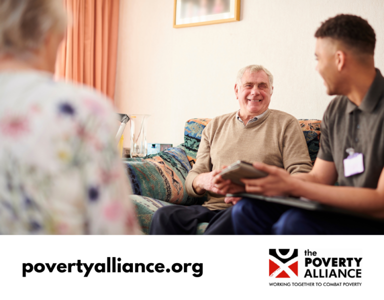 A stock image showing a young man talking to two older people in their living room, to represent social care and public services.