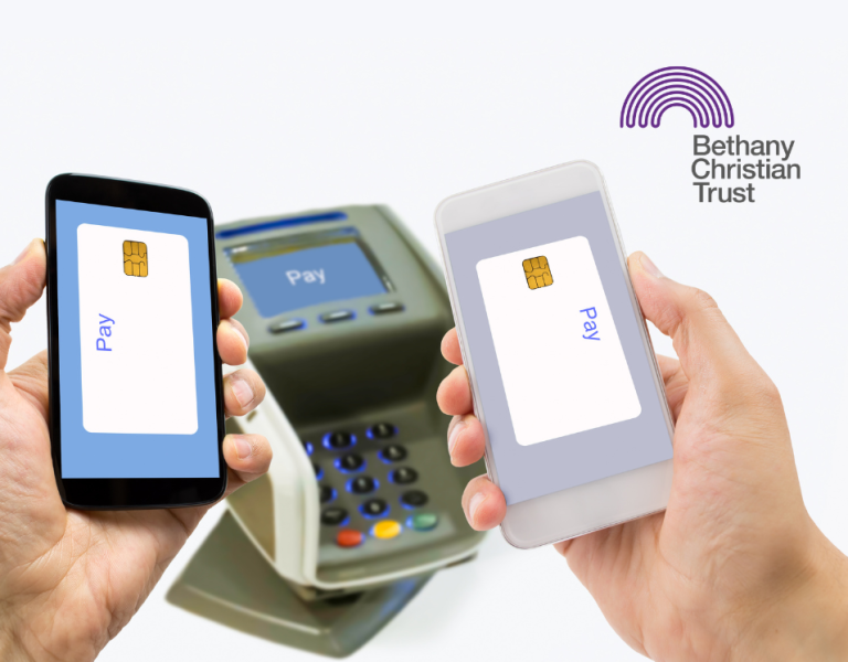A stock image showing two people paying for something with their phones. Close up of their hands, phones, and terminal. Bethany Christian Trust logo is also on the image.